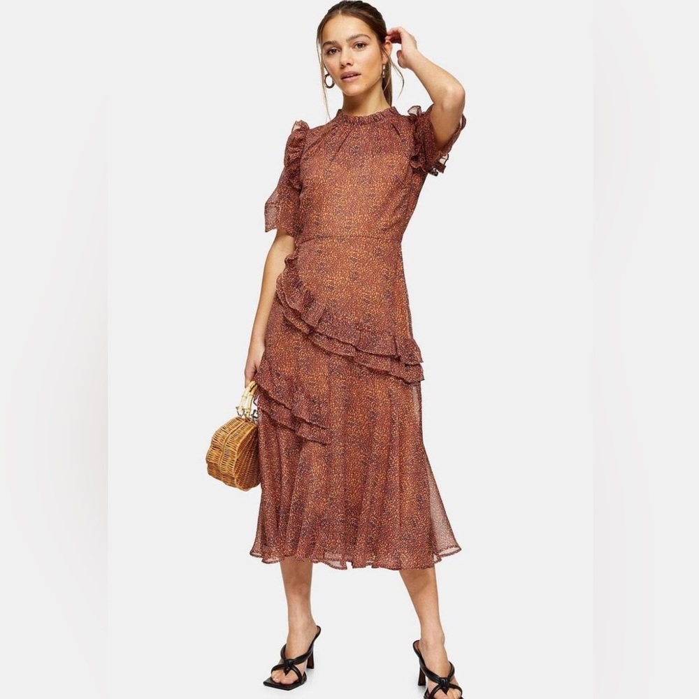 topshop Tea Dresses | Womens Petite Orange Ruffle Frill Tea Midi Dress Orange